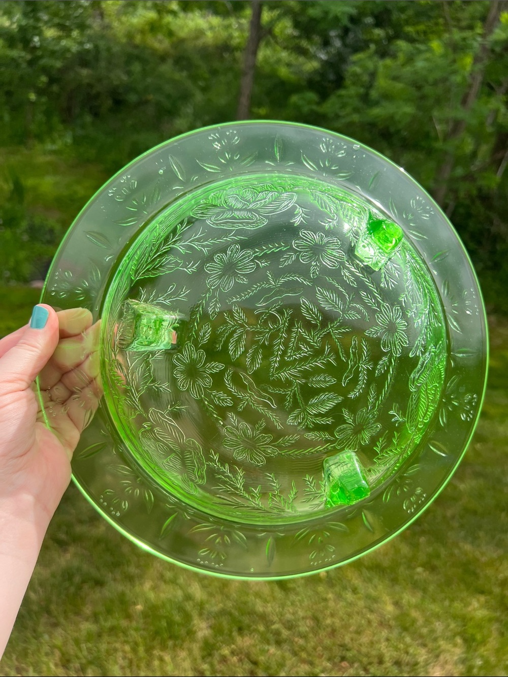 VTG Green Depression Glass Uranium Glass Rose and Thorn Footed Bowl Console Bowl - Picture 10 of 15
